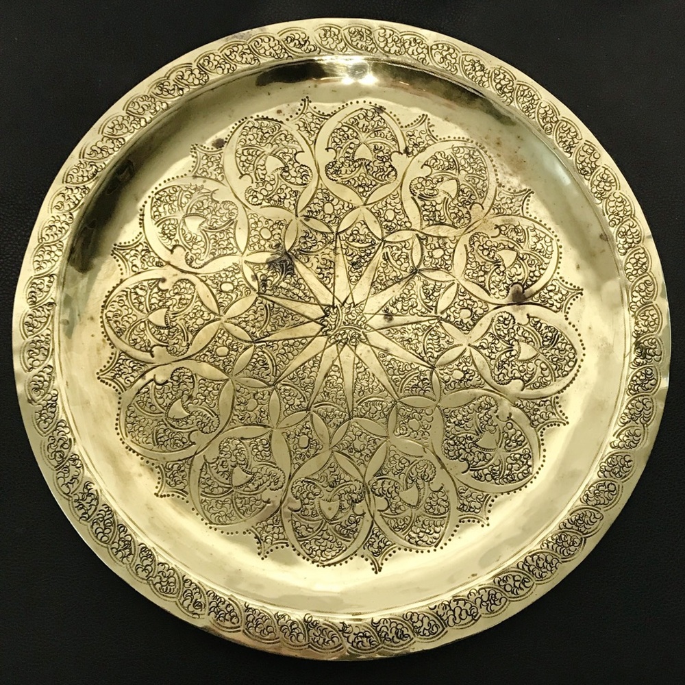 FA Signed Vintage Hand Engraved Moroccan Solid Brass Tray Platter Plate Islamic